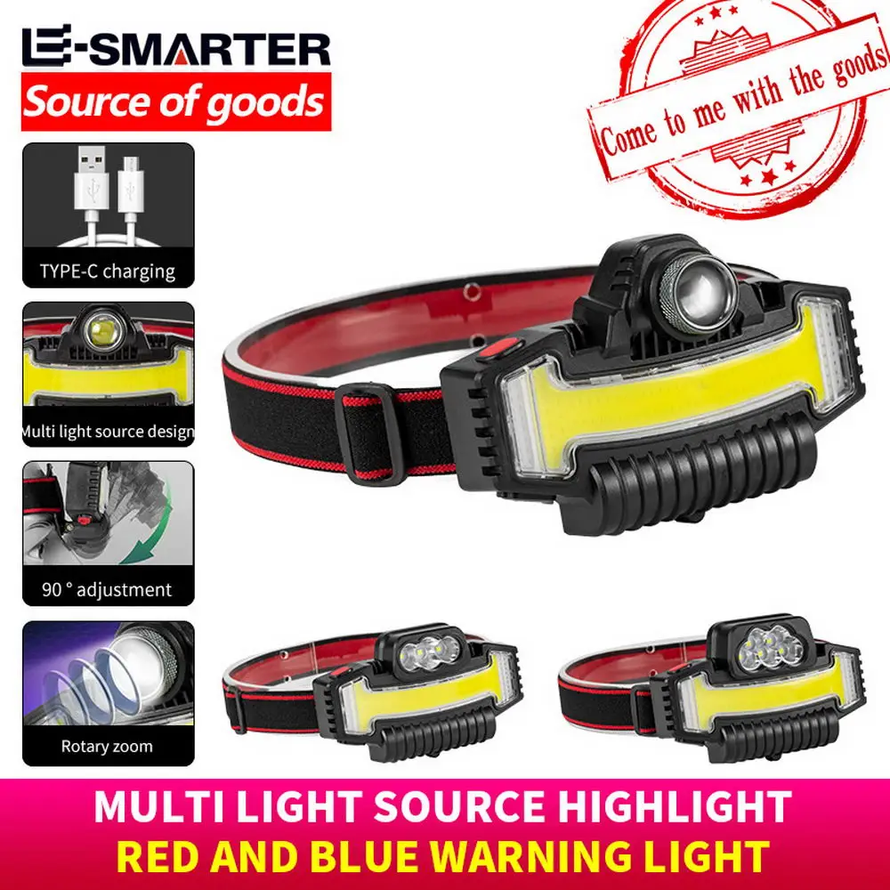 

COB Rechargeable Cycling Headlamp Fishing Headlight Super Bright Lamp Red and Blue Lights Camping Hiking Portable Lighting