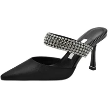 

women's pointed toe black high heels rhinestone slippers sexy black stilettos plus size patent leather shoes slingback slippers