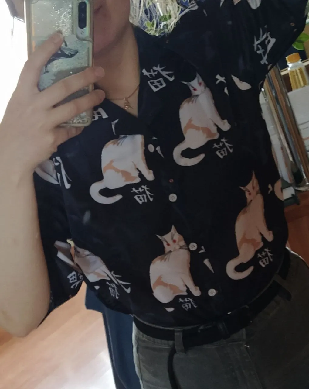 Vintage Cat Print Button Down T-Shirts