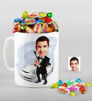 

Personalized Mr Agent Caricature Of mug And Haribo Fruitbons Candy Gift set