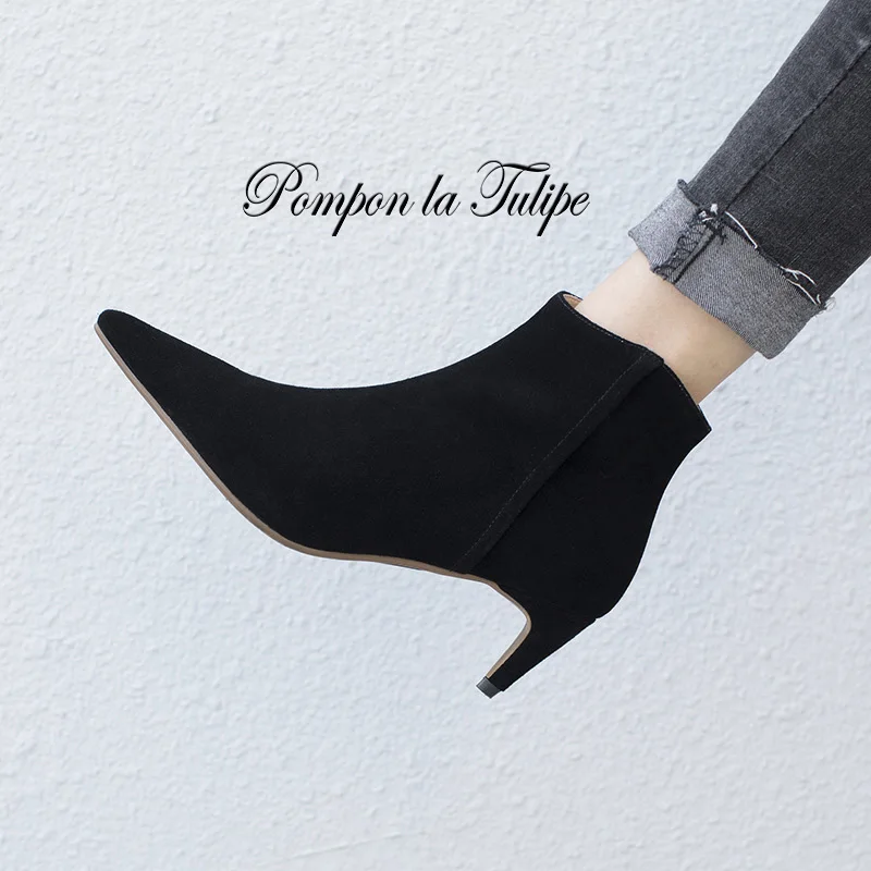 

BHS 9011175 Chic Genuine Cow Suede Elegant 5.5CM Thin Heel Stilettos Pointed Toe Sheepskin Insole Women Ankle Fashion Boots
