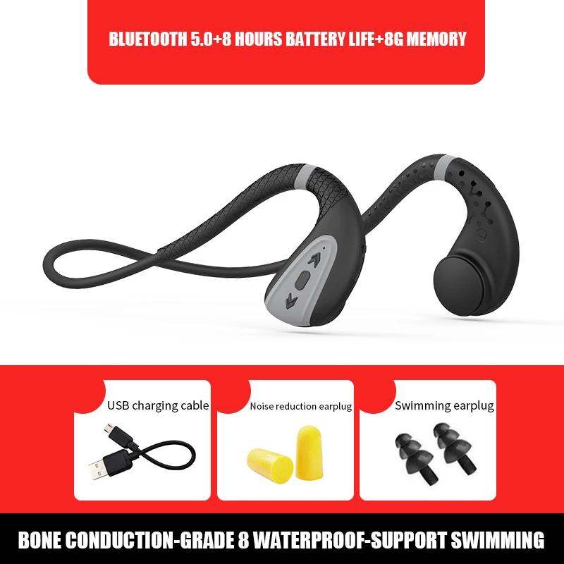 HBQ Q1 Bone Conduction Headphone Built-in Memory 8G IPX8 Waterproof MP3 Music Player Swimming Shower Earphones 15 Days Standby
