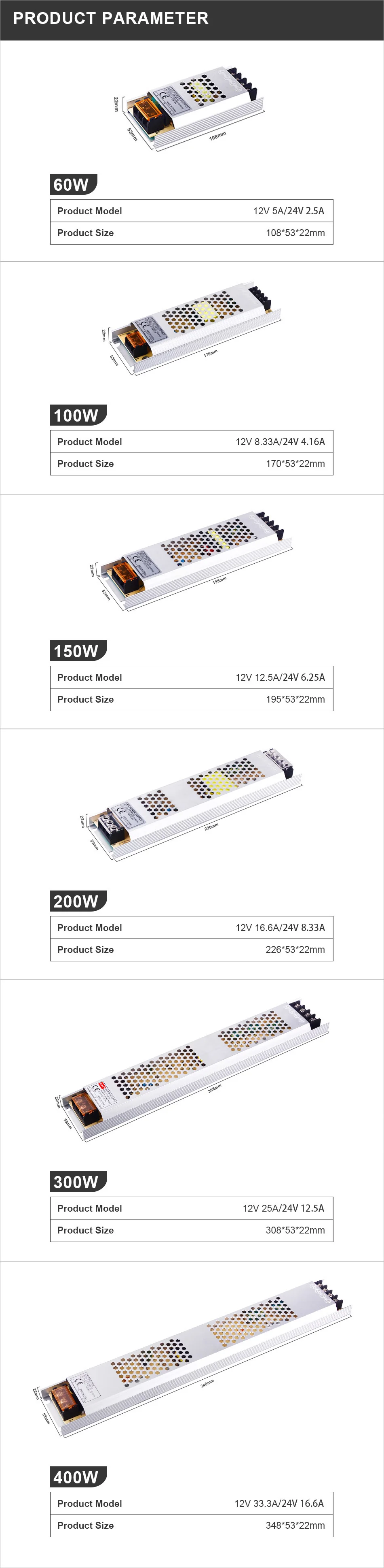 Ultra Thin LED Power Supply DC 12V 24V Lighting Transformers 60W 100W 150W 200W 300W 400W AC180-260V Driver For LED Strip Lights