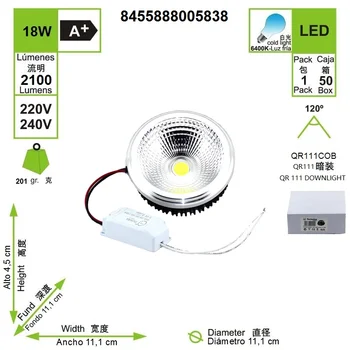 

Bombilla LED QR111 18 W 6000 K luz fría 2100 Lumens 220-250V