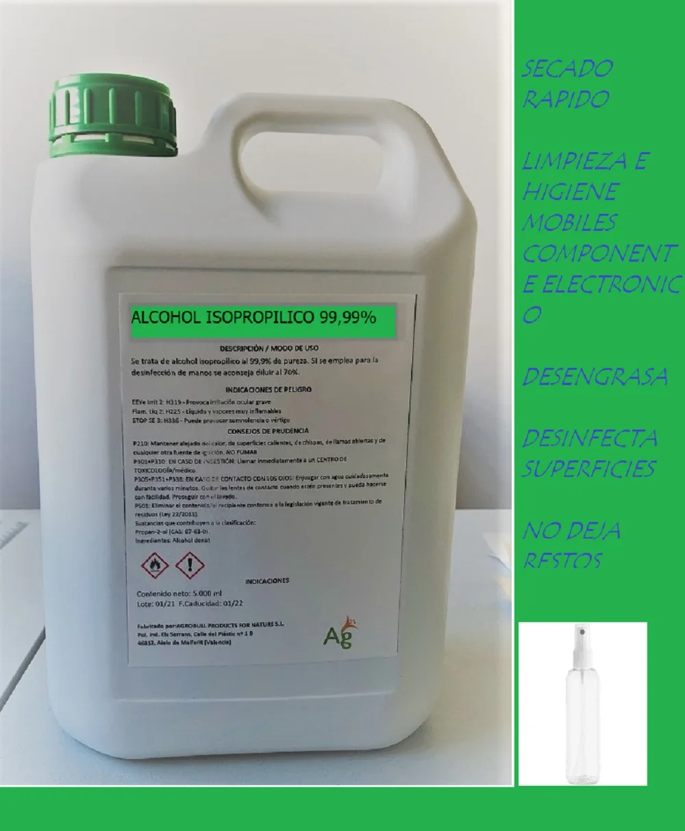 Alcohol  Isopropílico 99,9% Puro | 1-5 Lt| Limpieza Componentes Electrónicos,  Desinfección limpieza superficies