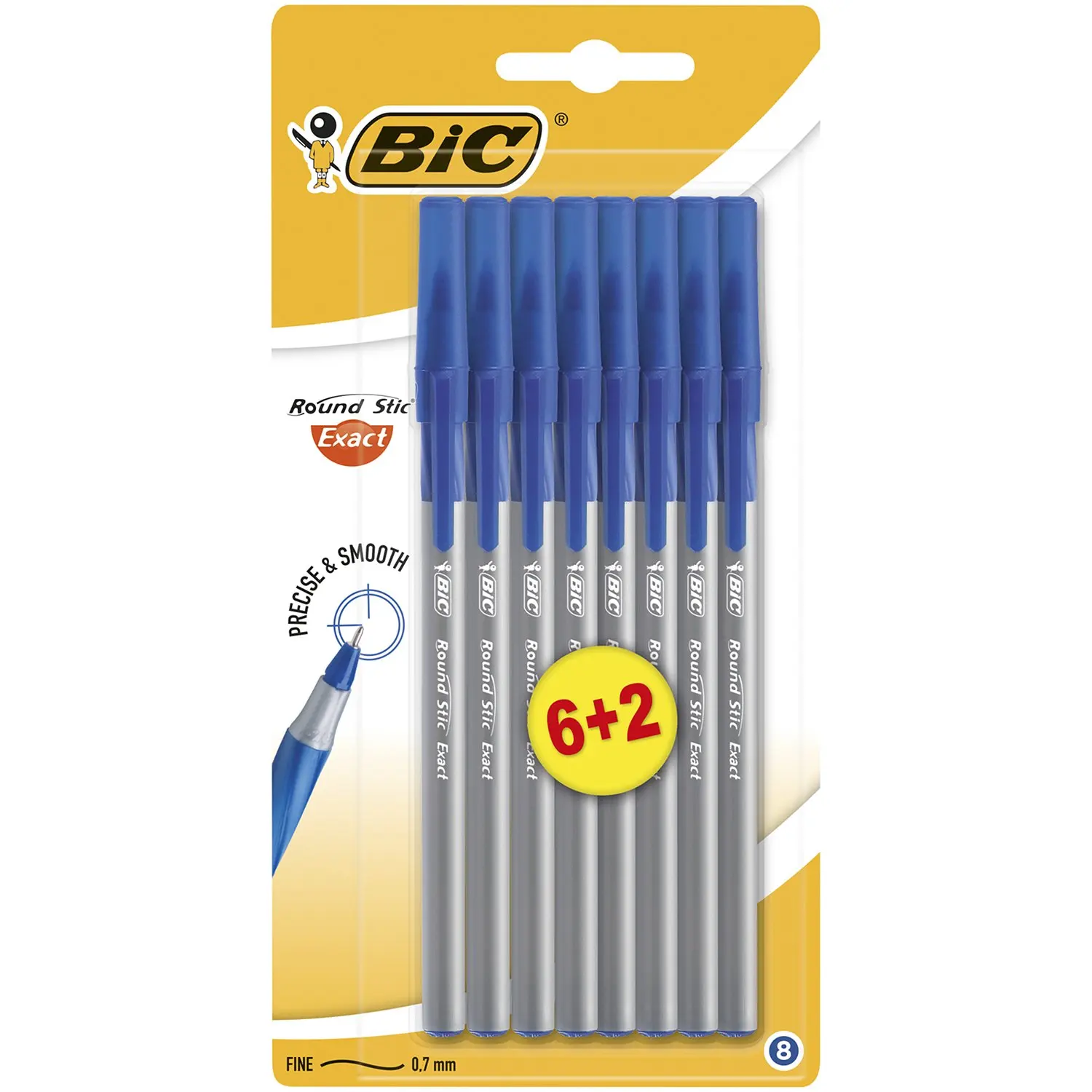 Набор ручек BIC шариковых Round Stic Exact синий 6+2 штуки