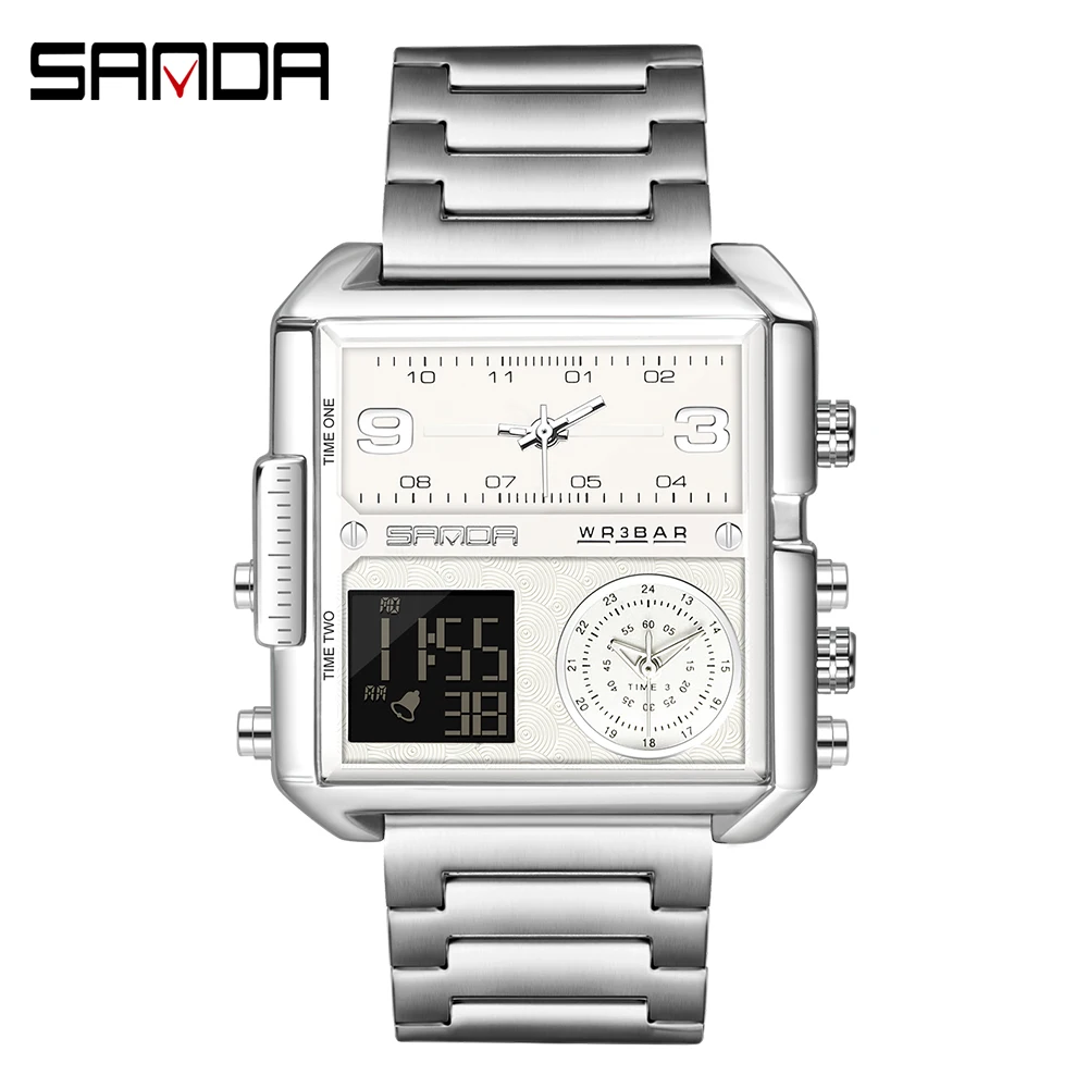 SANDA Brand casual personality Business Men's Watch Fashion square electronic watch Cool steel band luminous watch