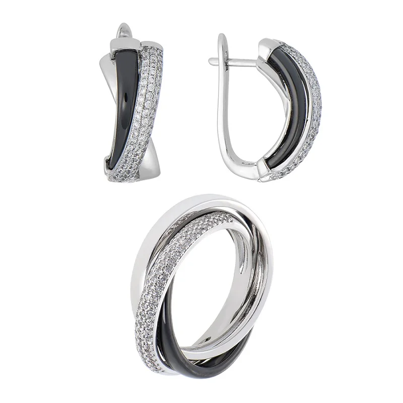 Керамический комплект QSY с фианитовыми вставками ( серьги + кольцо)