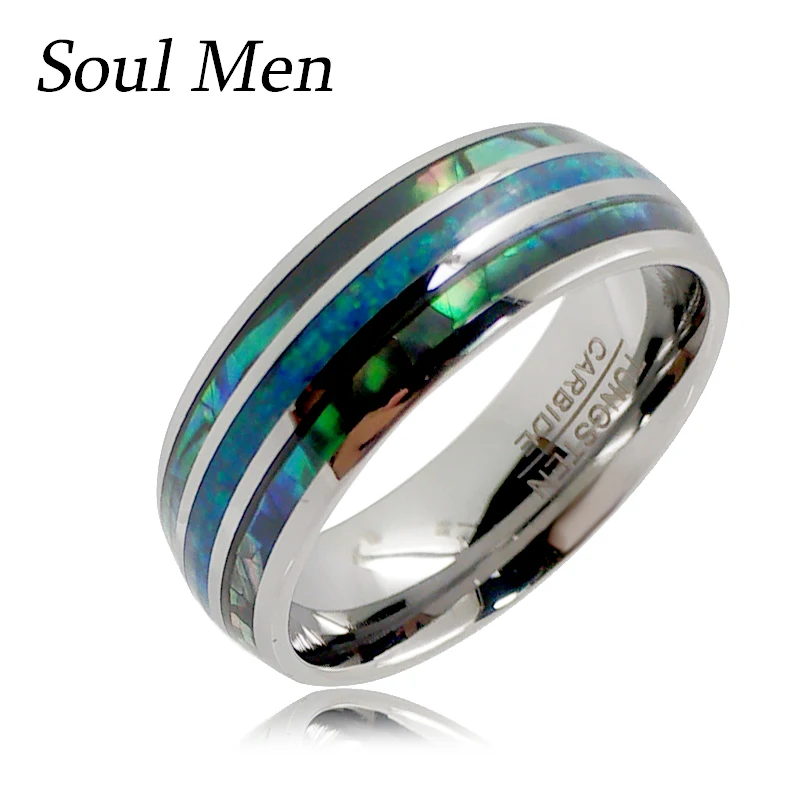 

8mm Wide Abalone Shell Tungsten Carbide Rings Dome Triple Grooved Opal Inlaid Men Women Wedding Band Never Fade Forever Ring