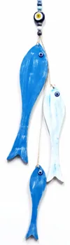 

Evil Eye Bead Detailed Wooden Three Fish Ceiling and Wall Ornament