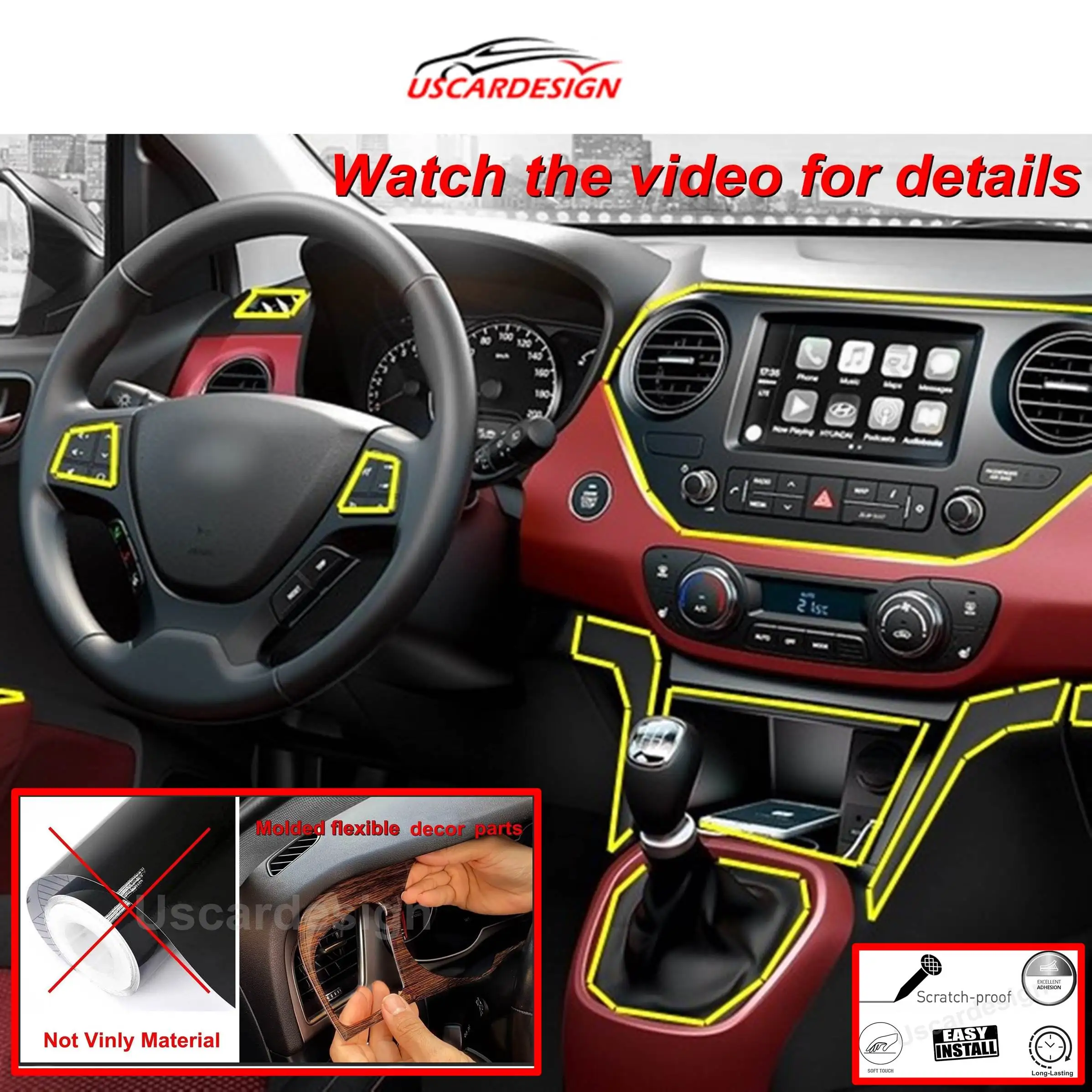 For Hyundai i10 (2013-2017) Full (Dashboard + Doors) Decor Frame Set Trim Accessorie Piano Black Carbon Fiber Red | Автомобили и