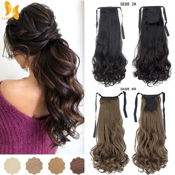 

XINRAN Long Wavy Wrap Around Clip In Ponytail Hair Extension Heat Resistant Synthetic Natural Wave Pony Tail Pure Color 22inches