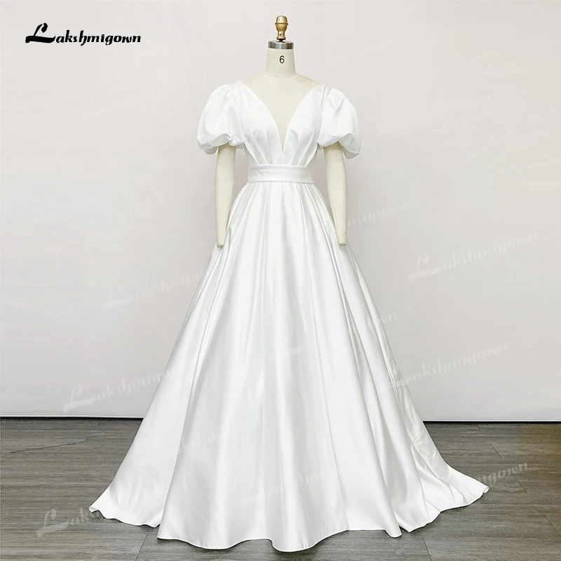 Princess Deep V-neck Sashes Short Puff Sleeve Ball Gown Wedding Dresses 2022 Satin Bridal Gowns Sweep Backless Lace Up vestidos mermaid wedding dress