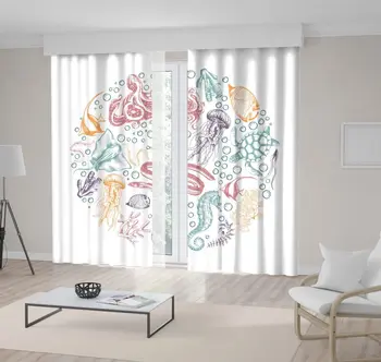 

Curtain Jellyfish Octopus Seahorse Stingray Fish Turtles Seaweed Sea Life Enclosed in A Circle Printed Yellow Green Red