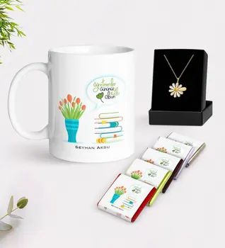 

Personalized Teachers Present-Day Happy White Mug Chocolate and Is Daisy Necklace Gift Seti-3