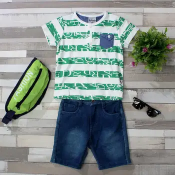 

Conjunto de ropa de chico y niño de verano, conjunto de ropa de niño pequeño, camiseta estampada +pantalones vaqueros y rinonera