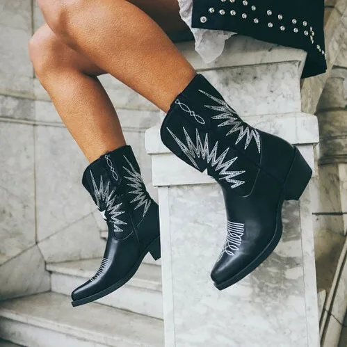 Moda Bota cowboy polipiel media caña tacón cuadrado mujer camel o negro  estrella bordada - AliExpress Calzado