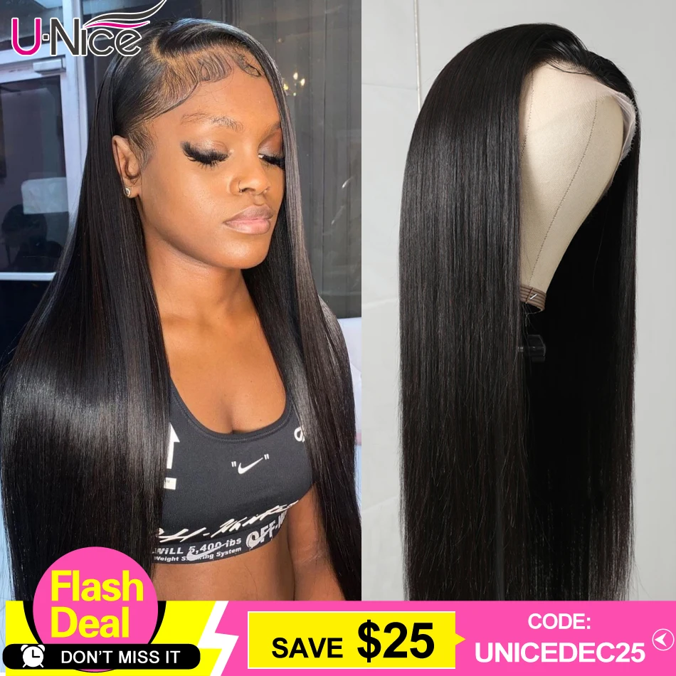 UNice Hair 13x6 HD Transparent Lace Frontal Wig 180% High Density Brazilian Straight Pre plucked Human Wigs | Шиньоны и парики