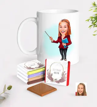 

Personalized Women 'S Teacher Caricature Of White mug And Chocolate Gift Seti-3