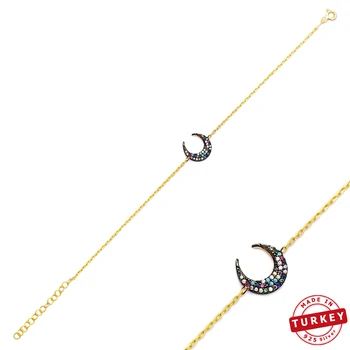 

Hot Sale 925 Sterling Silver Charm Bracelet Moon Design Rainbow Stone Turkish Handmade Mint Jewelry