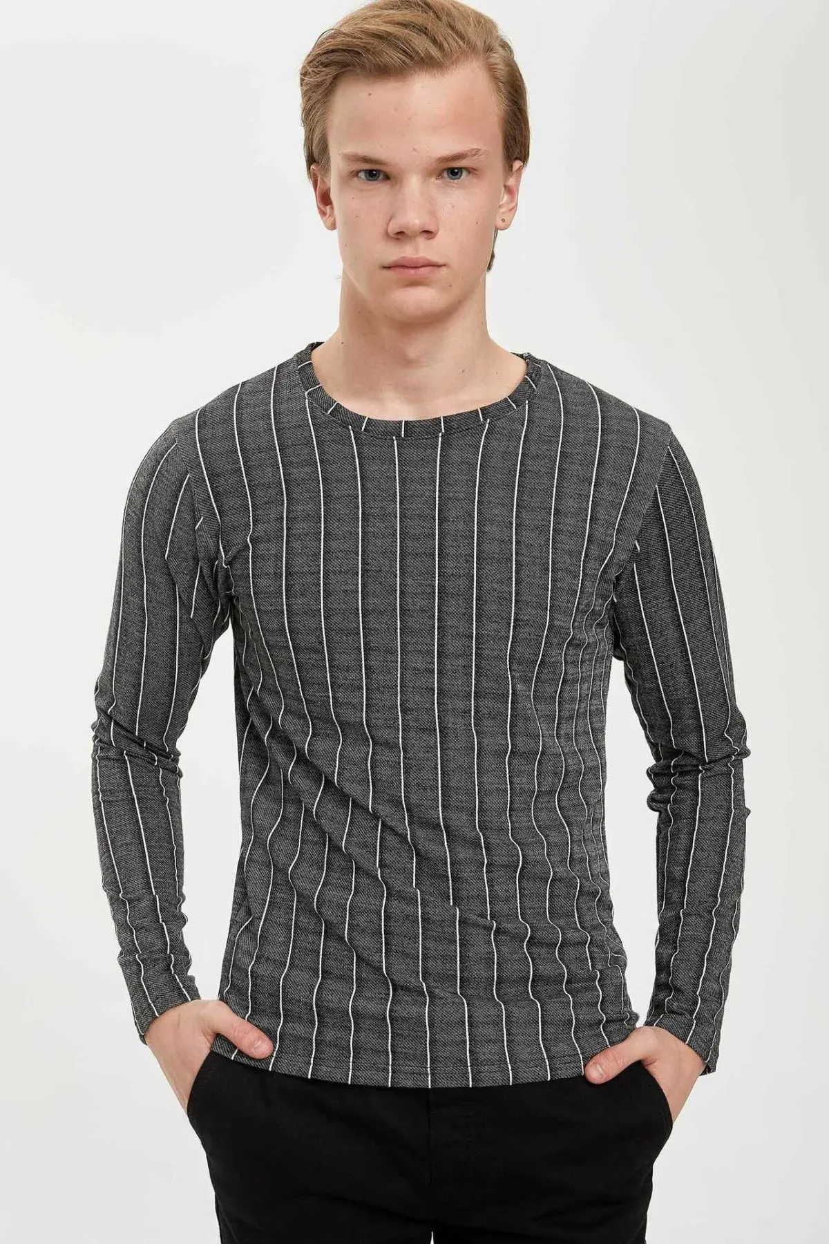 

DeFacto Man Casual Striped Top Tees Men Dark Grey Knitted T-Shirts Male Fit Body Long Sleeve T-Shirt Tops-N2699AZ19CW