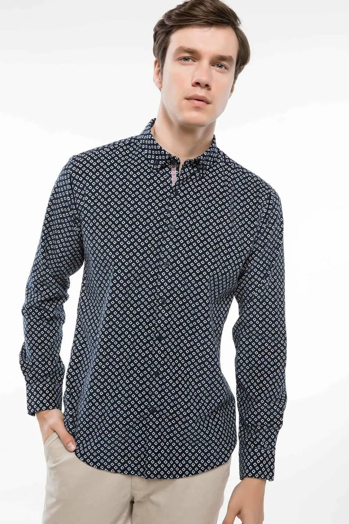 Дефакто модная мужская официальная рубашка с длинным рукавом, Мужская Повседневная Удобная рубашка, мужская Свободная рубашка в горошек, осенняя-I9291AZ18WN