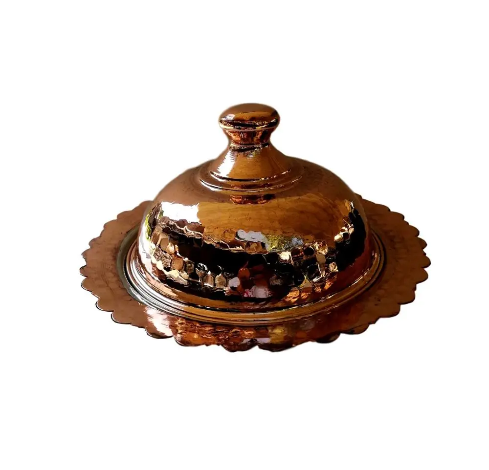 Handcrafted Copper Round Service Pot Dish With Lid Large Size Copper Colour