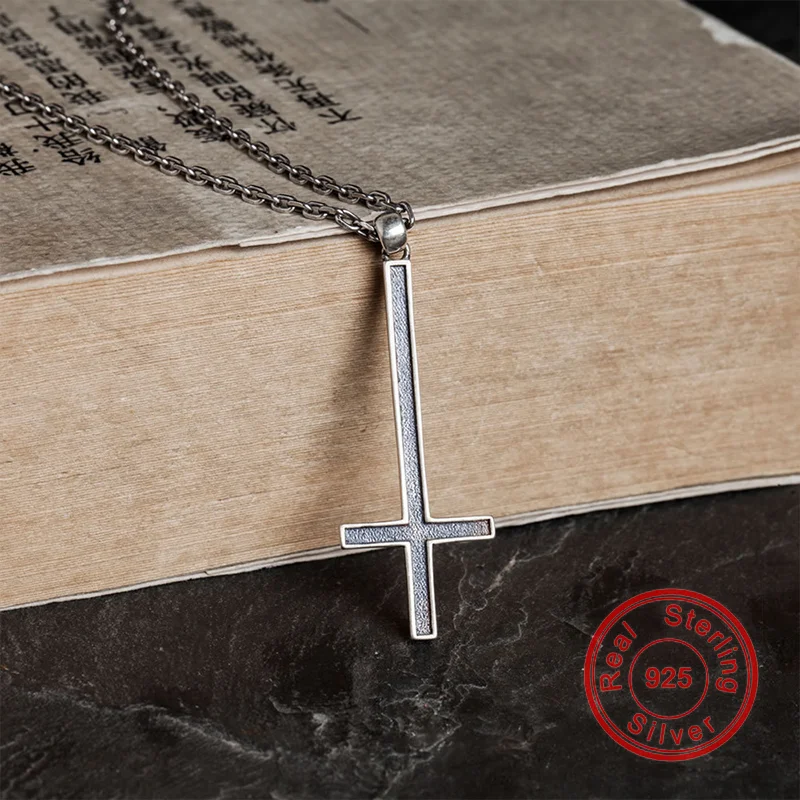 New 100% 925 Sterling Silver Cross Pendant Necklace For Men Women Vintage Gothic Satan Inverted Devil Simple Jewelry Gift Party