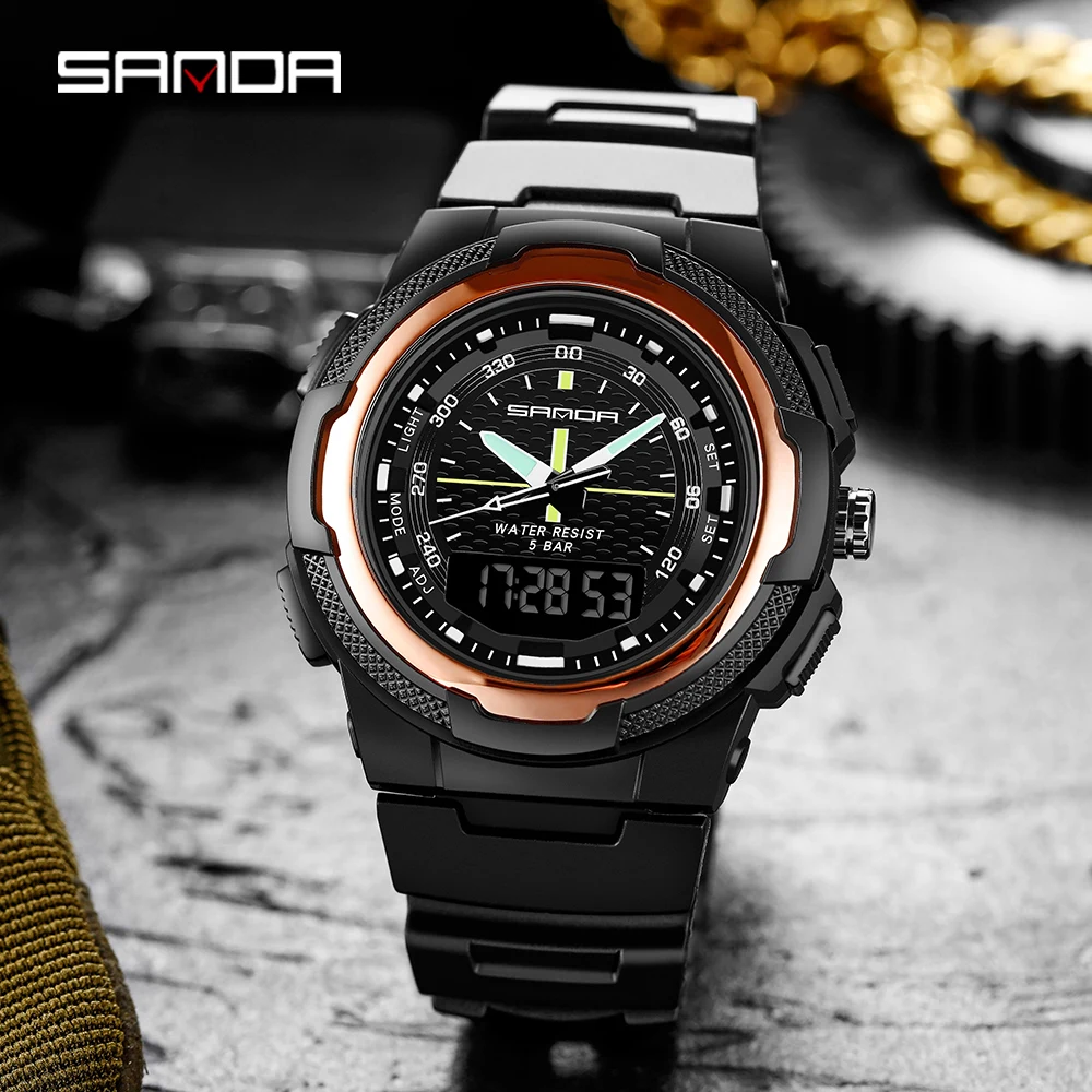 SANDA brand new electronic watch double display men's watch outdoor sport luminous waterproof watch toughened mirror