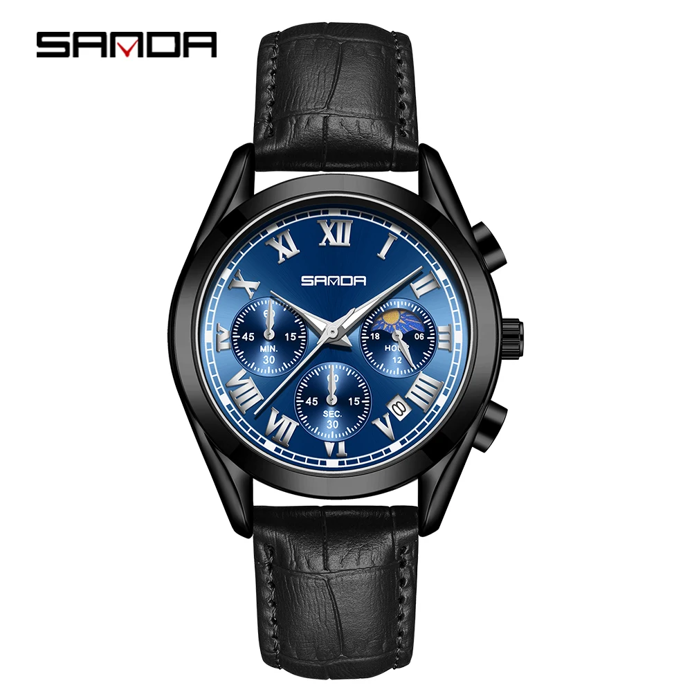 SANDA New Men's Leather belt Quartz Scale True six pin leisure creative cool fashion watch