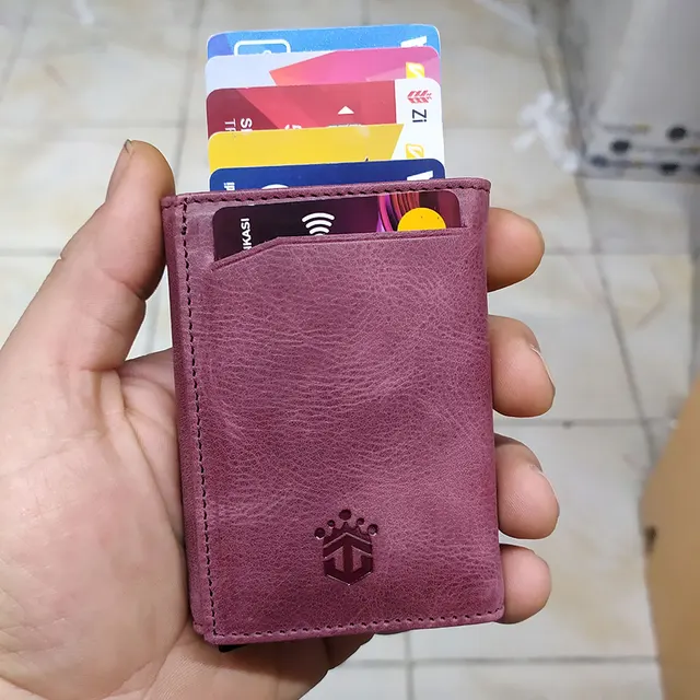 Smart Wallet Business Card Holder Real Cow Leather Handmade Smart Automatic Card Holder Men Gift Max credit card Burgundy