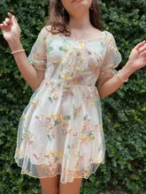 Mini Dress Puff-Sleeve Lace Print Chiffon French Korean-Style Sexy Vintage Women Floral