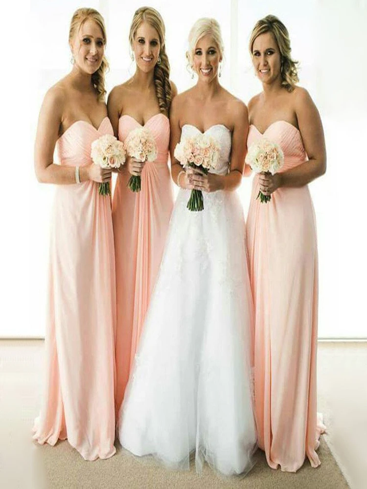 

2020 Affordable Blush Chiffon Bridesmaid Dresses Long Cheap Sweetheart Pleat Maid Of Honor Gowns Sleeveless