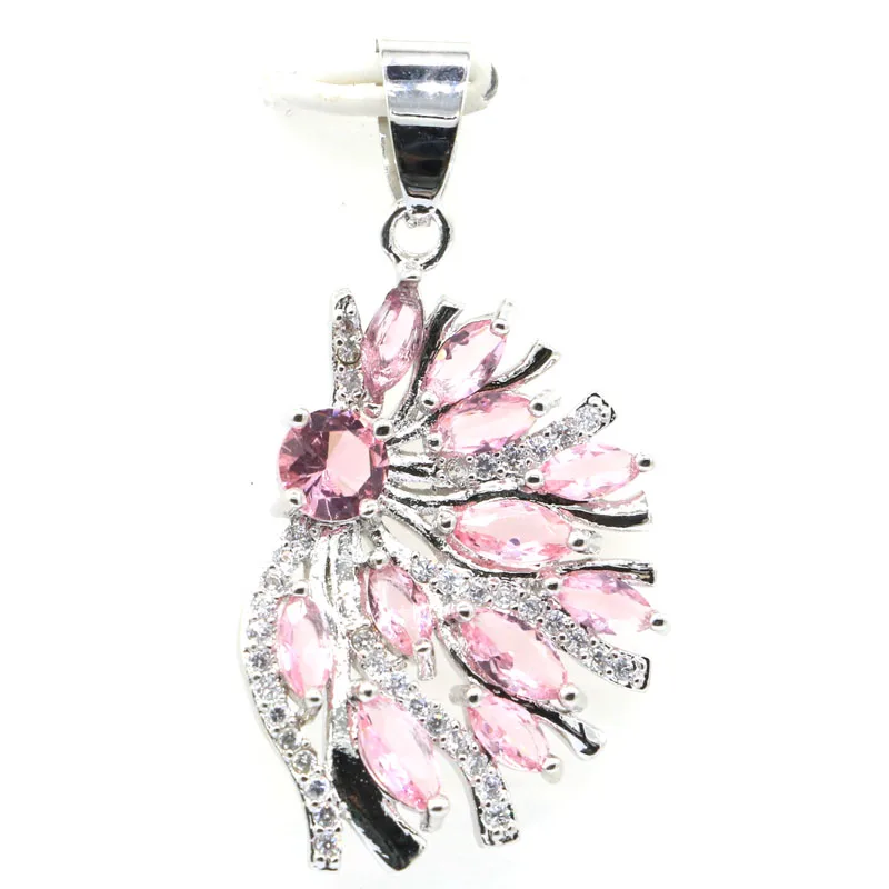 

37x19mm SheCrown Pretty Created Pink Morganite White CZ Gift For Woman's Silver Pendant