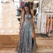 

Sexy Spaghetti Straps Evening Dress For Women Dusty Blue Wedding Party Prom Dresses Slit Appliques Robes Vestidos De Fiesta