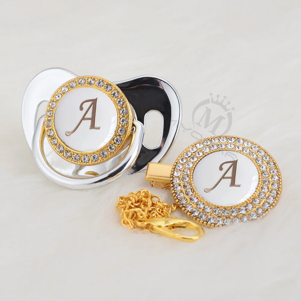 MIYOCAR Gold silver name Initials letter white elegant A beautiful bling pacifier and pacifier clip BPA free dummy bling LA-W 6