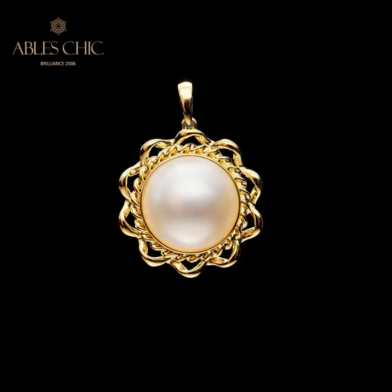 

18K Gold Tone Solitaire Mabe Pearl Wavy Halo Pendant Solid 925 Silver Seawater Pearls Wedding Necklace C11N3S25847