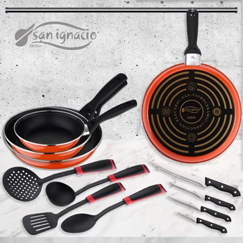 

Set 3 sauce pans (18,20, 24,28 cm) in Steel al carbon, 4 kitchen supplies in nylon and 4 kitchen knives SAN ignacio Sunset