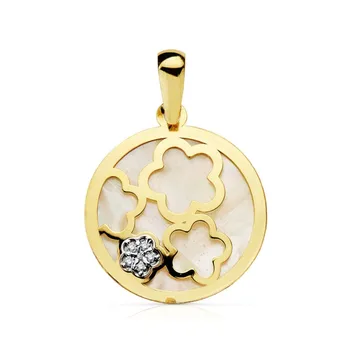 

18k gold pendant bicolor mother-of-pearl flowers 17mm. Zircons [AB4659]