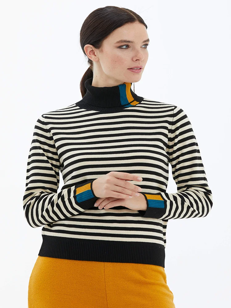 

Turtleneck Long Sleeve Striped Patterned Knitwear Fabric Women's Sweater 2022 New Fashion Elegant Style Winter Pullovers 5 Color