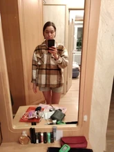 Woolen Coat Shirt Jacket Windbreaker Oversize Plaid Vintage Women Loose Button Winter