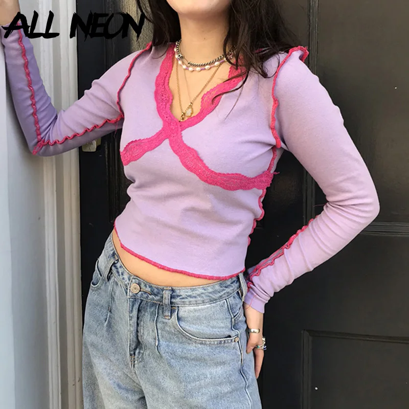 ALLNeon E-girl Aesthetics Cross Pink Lace Trim Stitch Violet T-shirts Sweet V-neck Long Sleeve Cropped Tops Vintage 90s Fashion