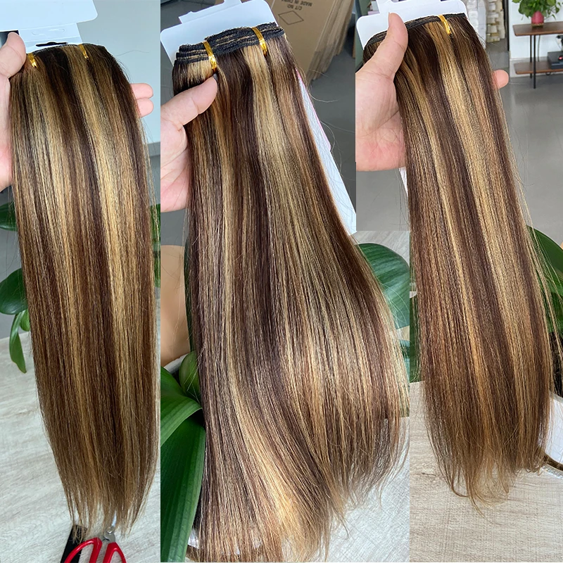 Hair Extensions P4/27 straight Clip In Human Hair Extensions 100g/set straight Clip In Full Head Brazilian Hair Extension for Women