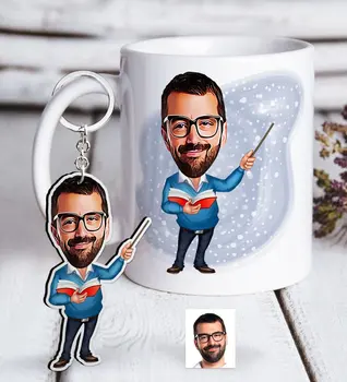 

Personalized Mr Teacher Caricature Of White mug And Keychain Gift set-4