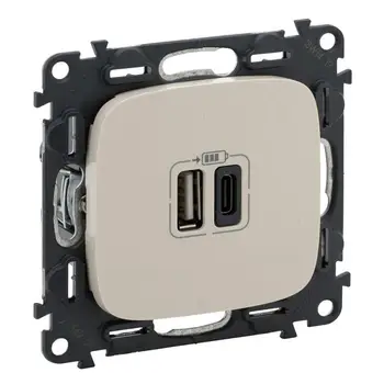 

Valena allure charger with 2 USB connectors type A-type C 240 V/5 v 3000ma with face. Panel SL. Bone leg 754966