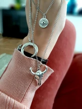 Docona-collar multicapa de ojo de Luna y cabeza de toro para mujer, gargantilla de capas geométricas, Vintage, Color plata, C18107