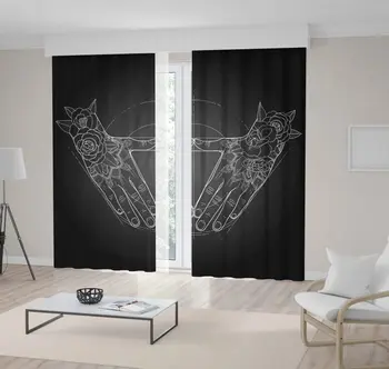 

Curtain Hands Folded in the Shape of Triangle Floral Boho Style Art on Dark Background Black and White