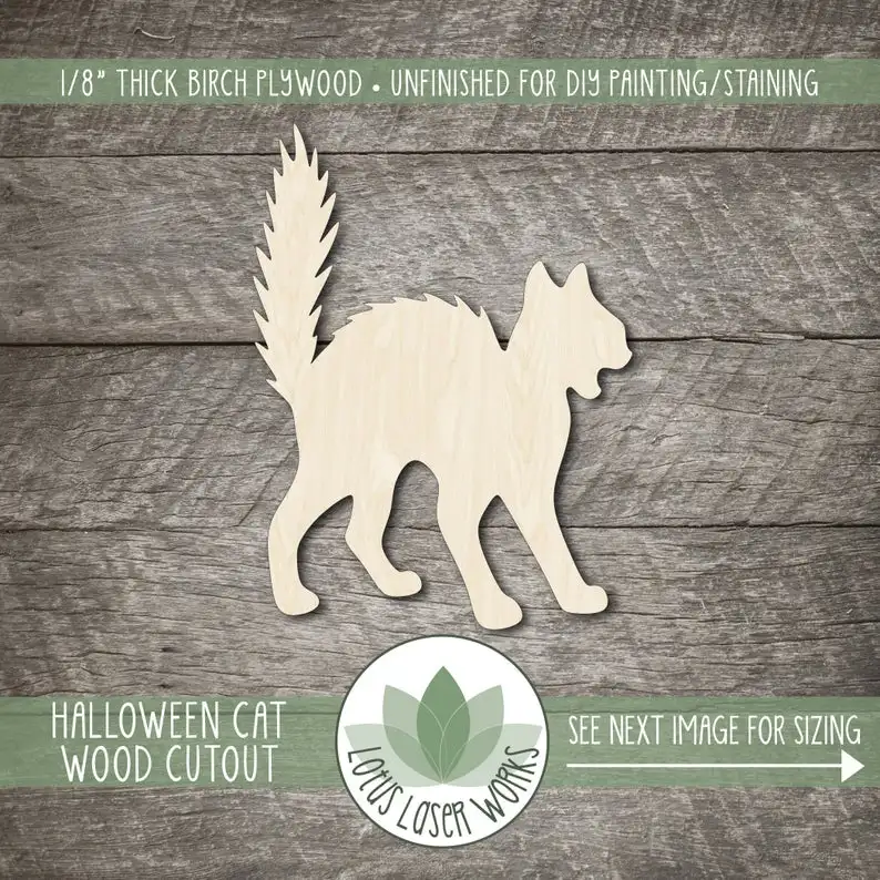 

Halloween Cat Wood Cutout, Wood Halloween Embellishments, Blank Wood Craft Shapes, Wood Cat Shape