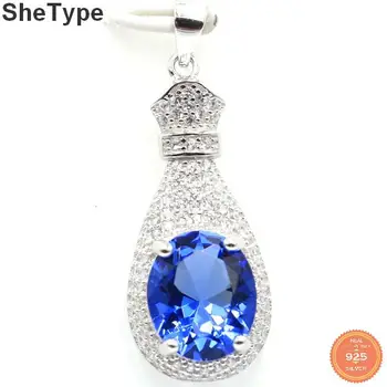 

34x13mm Romantic 4.5g Created Rich Blue Violet Tanzanite CZ Woman's Wedding Real 925 Solid Sterling Silver Pendant