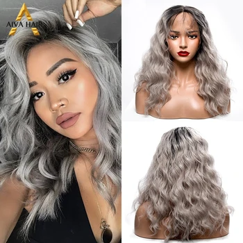 

Aiva Hair Heat Resistant Cosplay Wigs Synthetic Hair Middle Part Ombre Grey Wig With Dark Roots Deep Wave Lace Front Wig